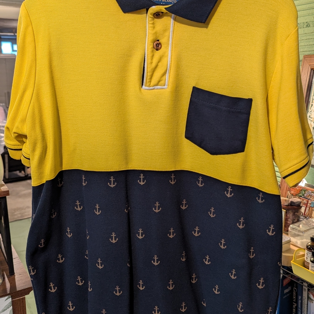 Yellow and Navy Anchor Print Polo Shirt
